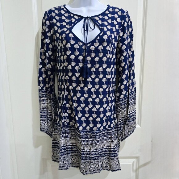 Band of Gypsies ✦ Navy Cream Boho Tunic Dress ✦ Long Sleeve Keyhole XS EUC - Picture 2 of 16